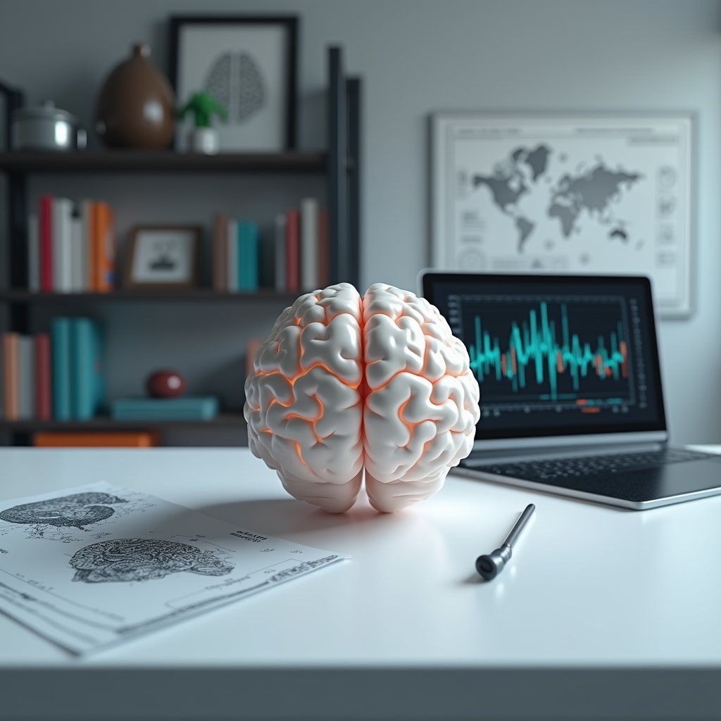 A photorealistic image of a modern neuroscience lab desk or therapy office featuring a 3D anatomical brain model with highlighted (but blurred) areas like the prefrontal cortex and reward pathways. A printed brain scan image or dopamine pathway diagram (blurred) lies on the desk, next to a digital tablet or laptop displaying a neural activity dashboard (blurred). Lighting is clean and clinical. Optional background: bookshelves with neuroscience books, framed brain maps, or a whiteboard with neurotransmitter sketches (blurred). No drug paraphernalia, text, or branding—emphasize scientific realism and medical accuracy.