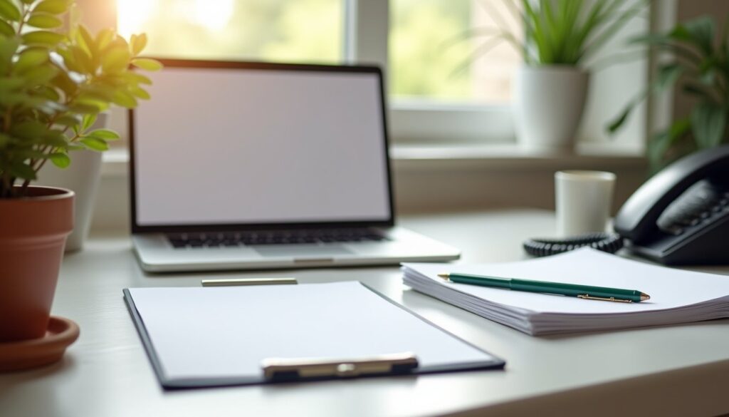 Cozy intake office workspace with laptop, clipboard, and brochures in soft sunlight