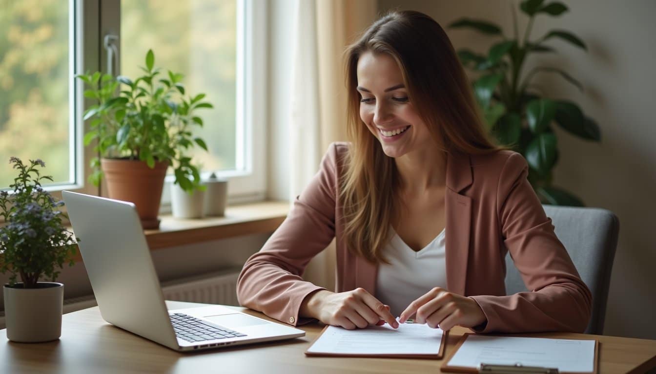 Warm intake office scene with coordinator pointing to a simple resource list