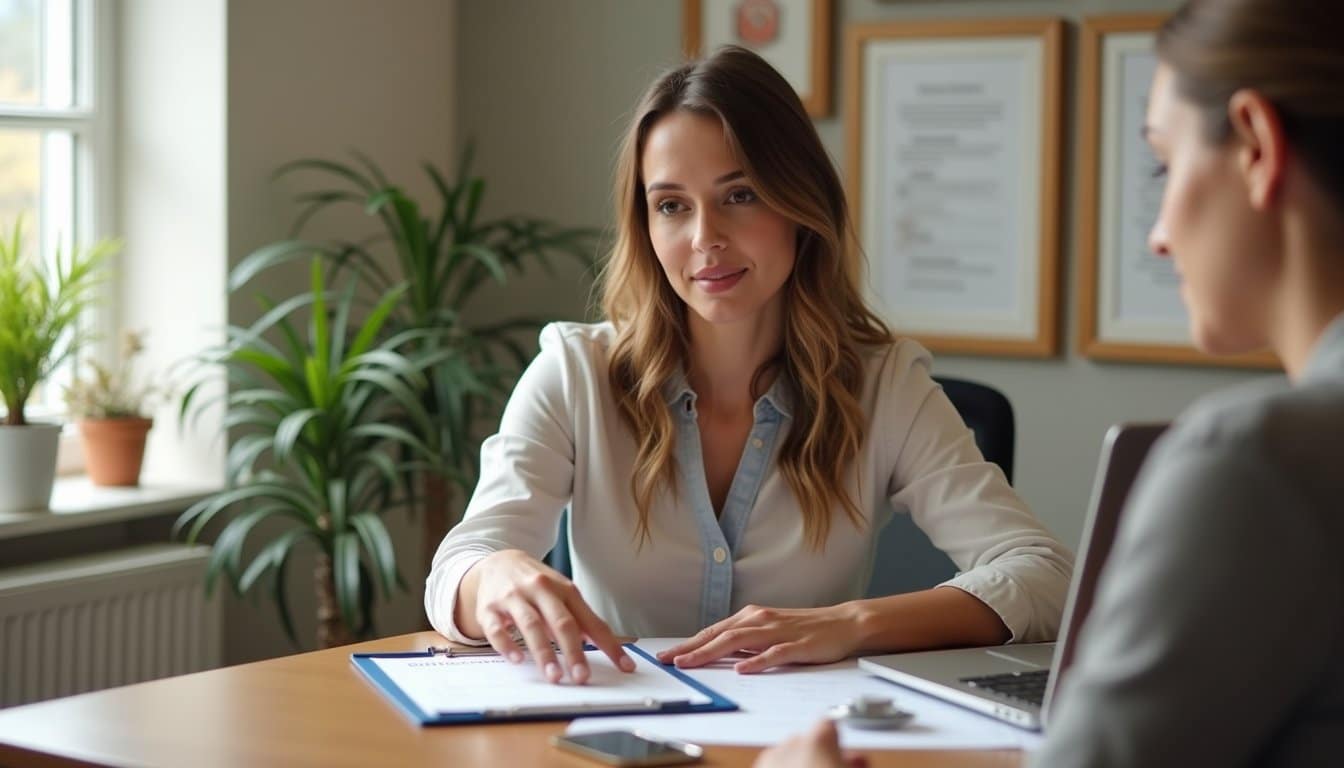 Staff coordinator providing resource guidance in a bright, welcoming workspace