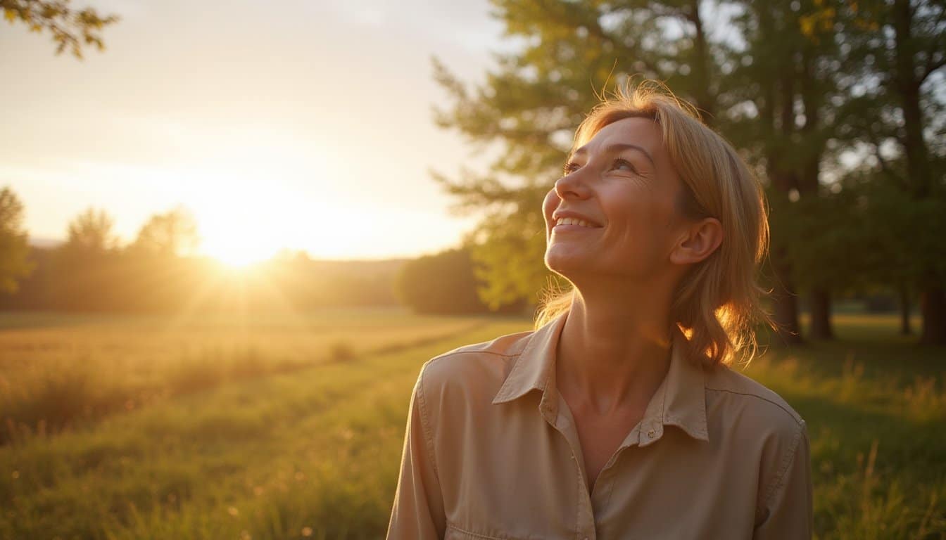 Person outdoors with sunlight on their face, relaxed and reflective in nature