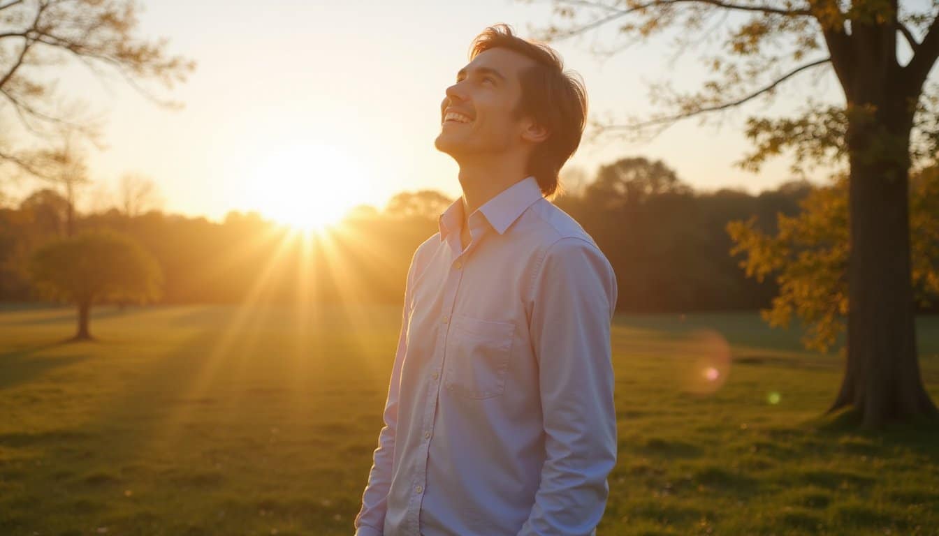 Person standing among trees, looking upward in sunlight with a calm, healing mood