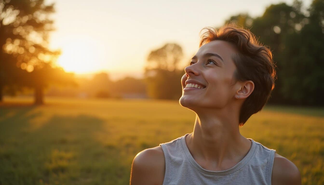 Adult standing outdoors in warm sunlight, gently smiling in a peaceful natural setting