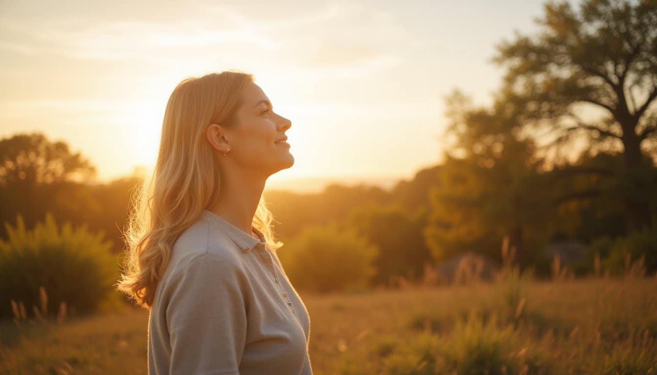 Adult standing outside in golden light, conveying calm and emotional healing