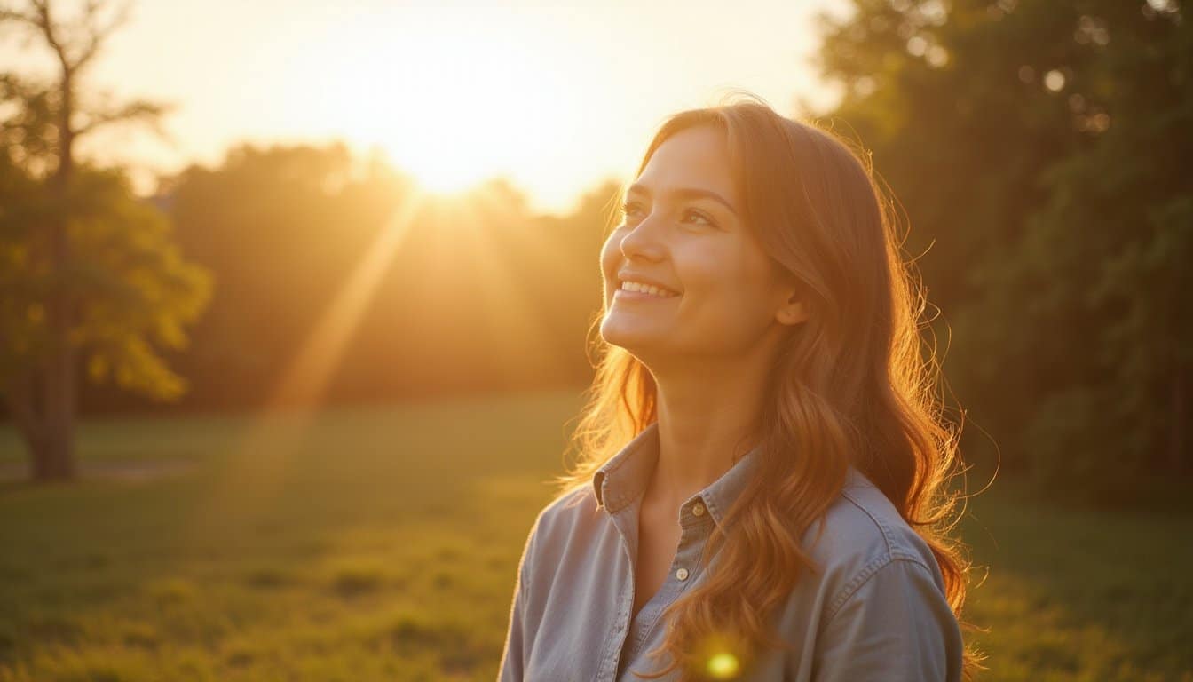 Adult outdoors in a quiet natural setting, smiling gently in warm light