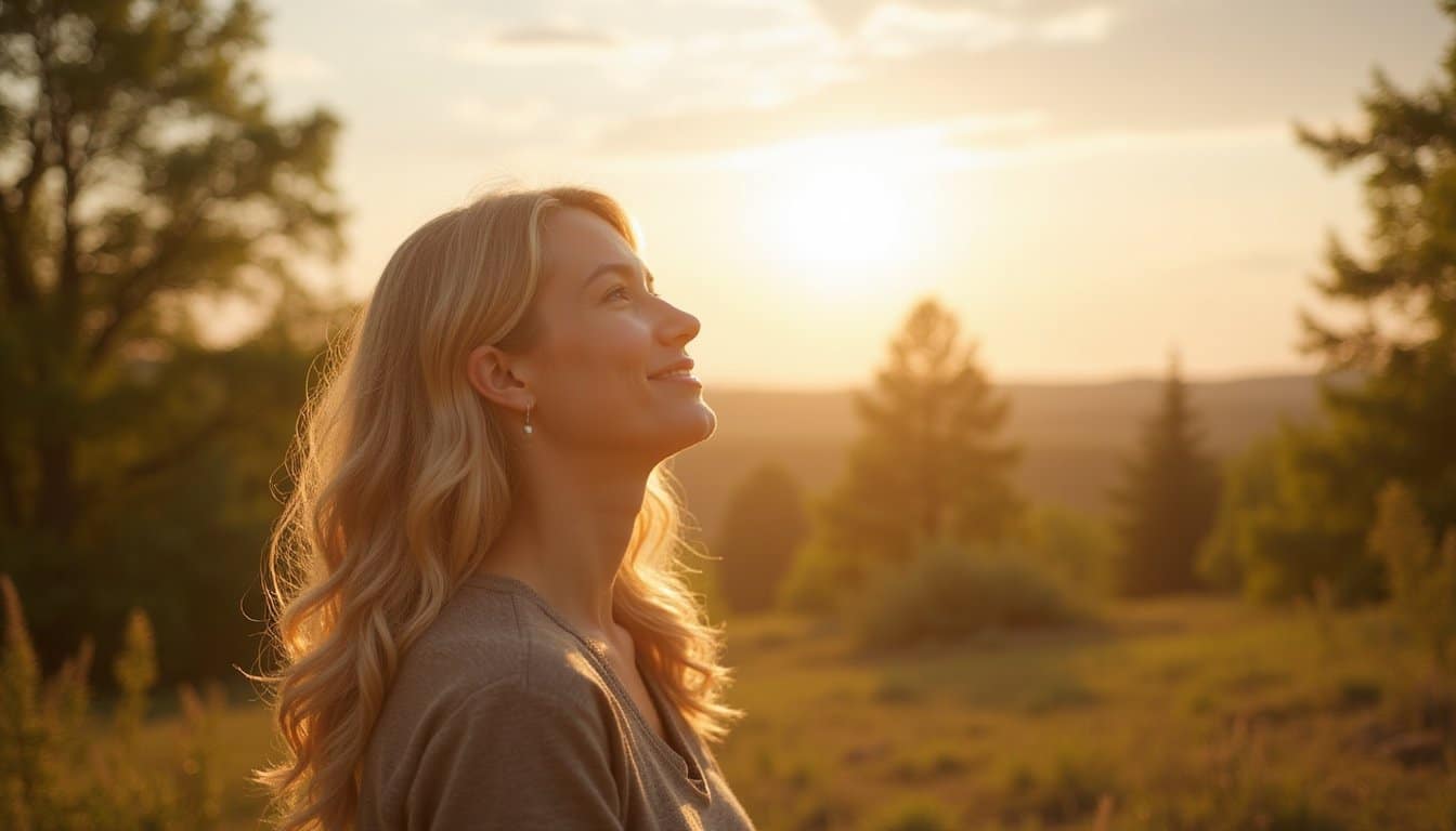 Person in a natural retreat setting, softly smiling while looking up at the sky