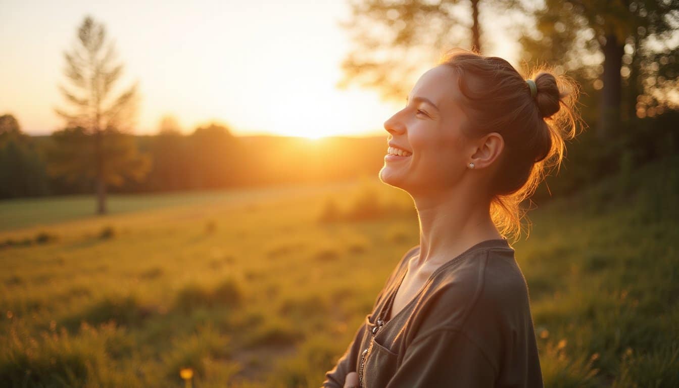 Person outdoors looking up toward the sky with a calm smile and relaxed posture