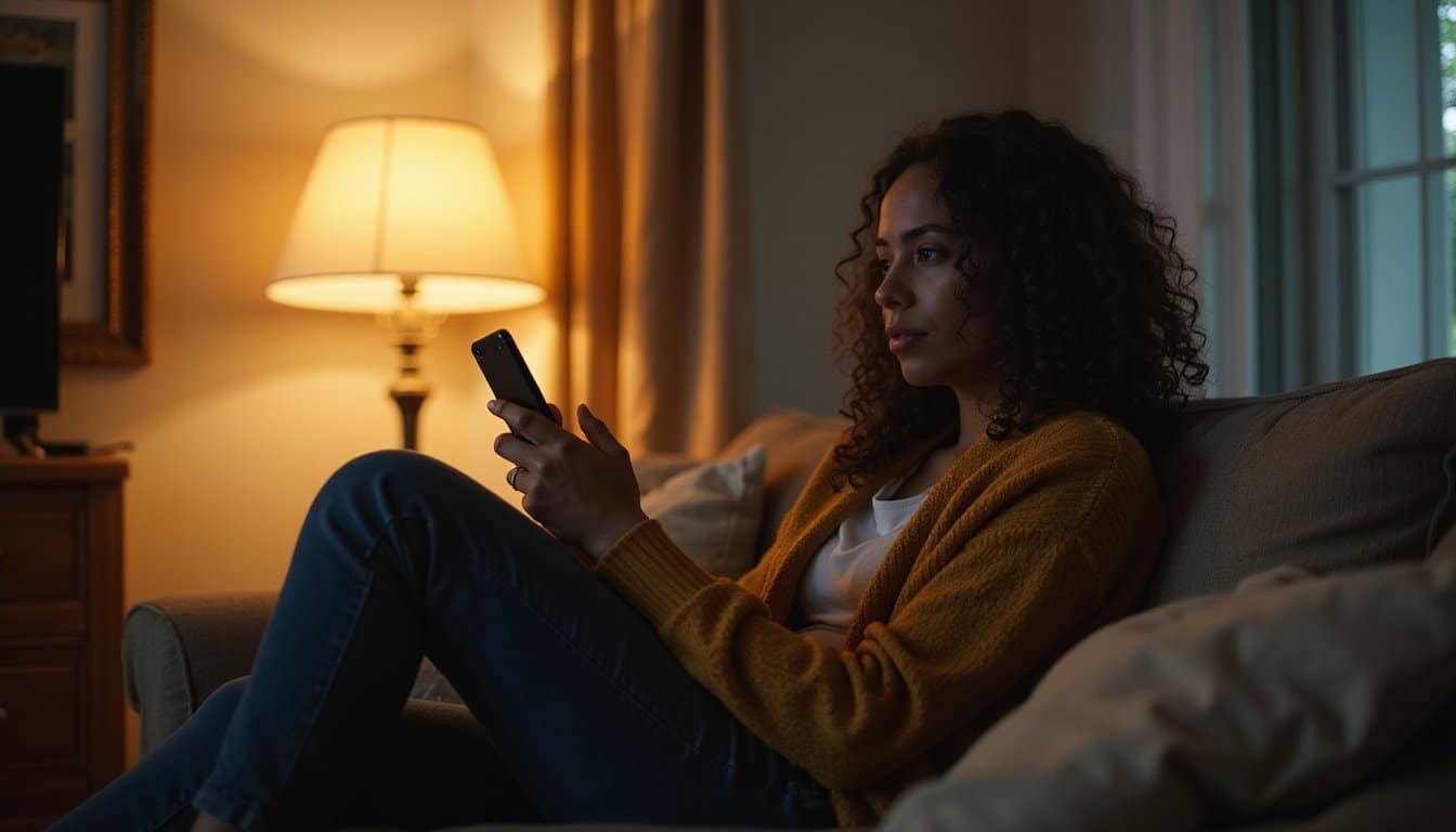 Person sitting on a couch in a softly lit living room at night holding a phone while reflecting in a calm home environment.