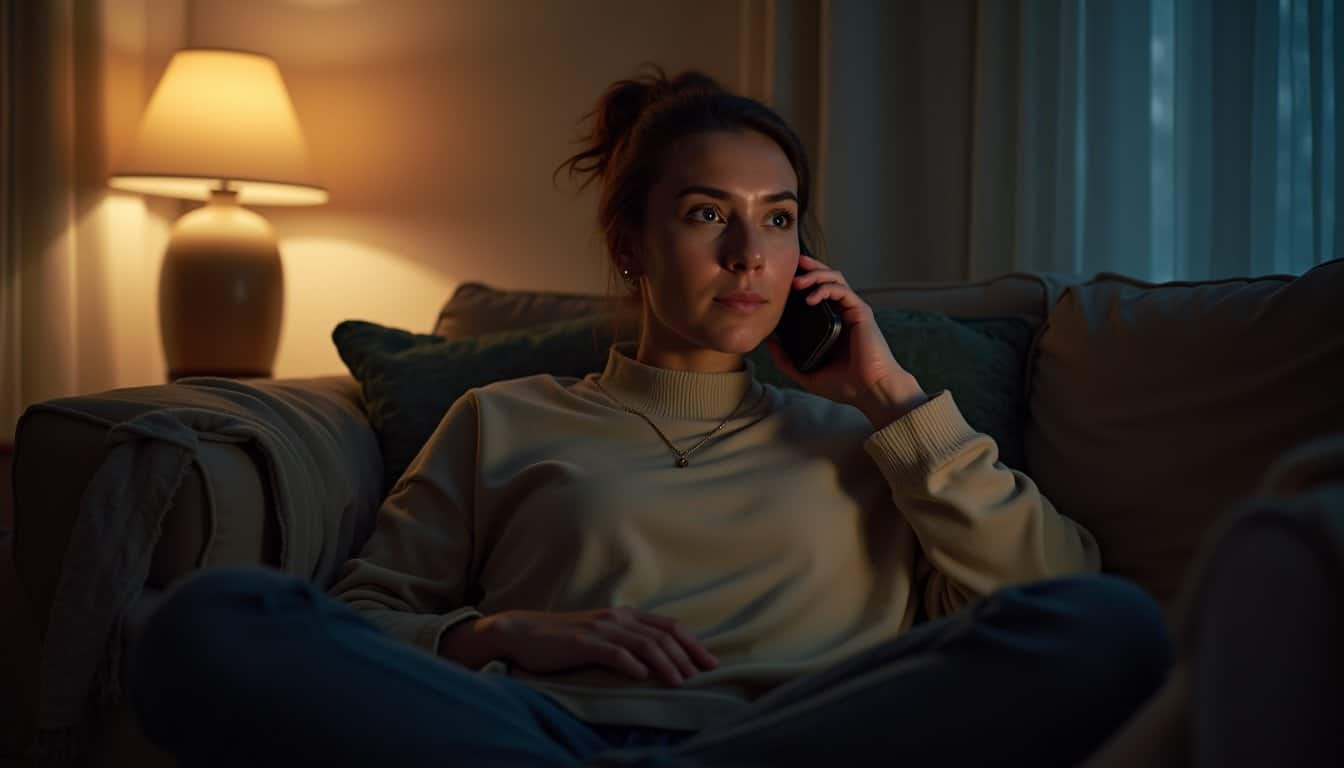Person in a comfortable living room at night holding a phone while sitting on a couch in a calm reflective moment.