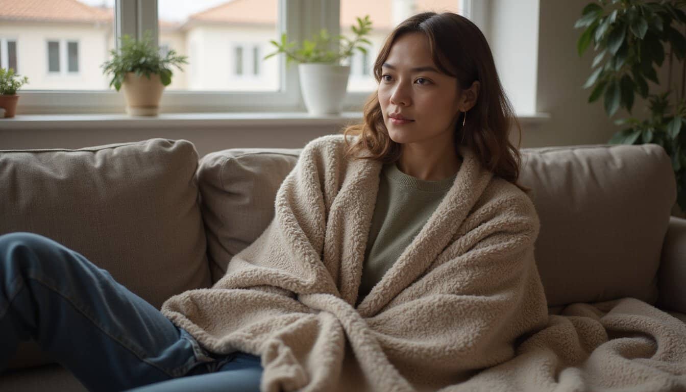 Individual wrapped in a blanket resting in a softly lit home setting
