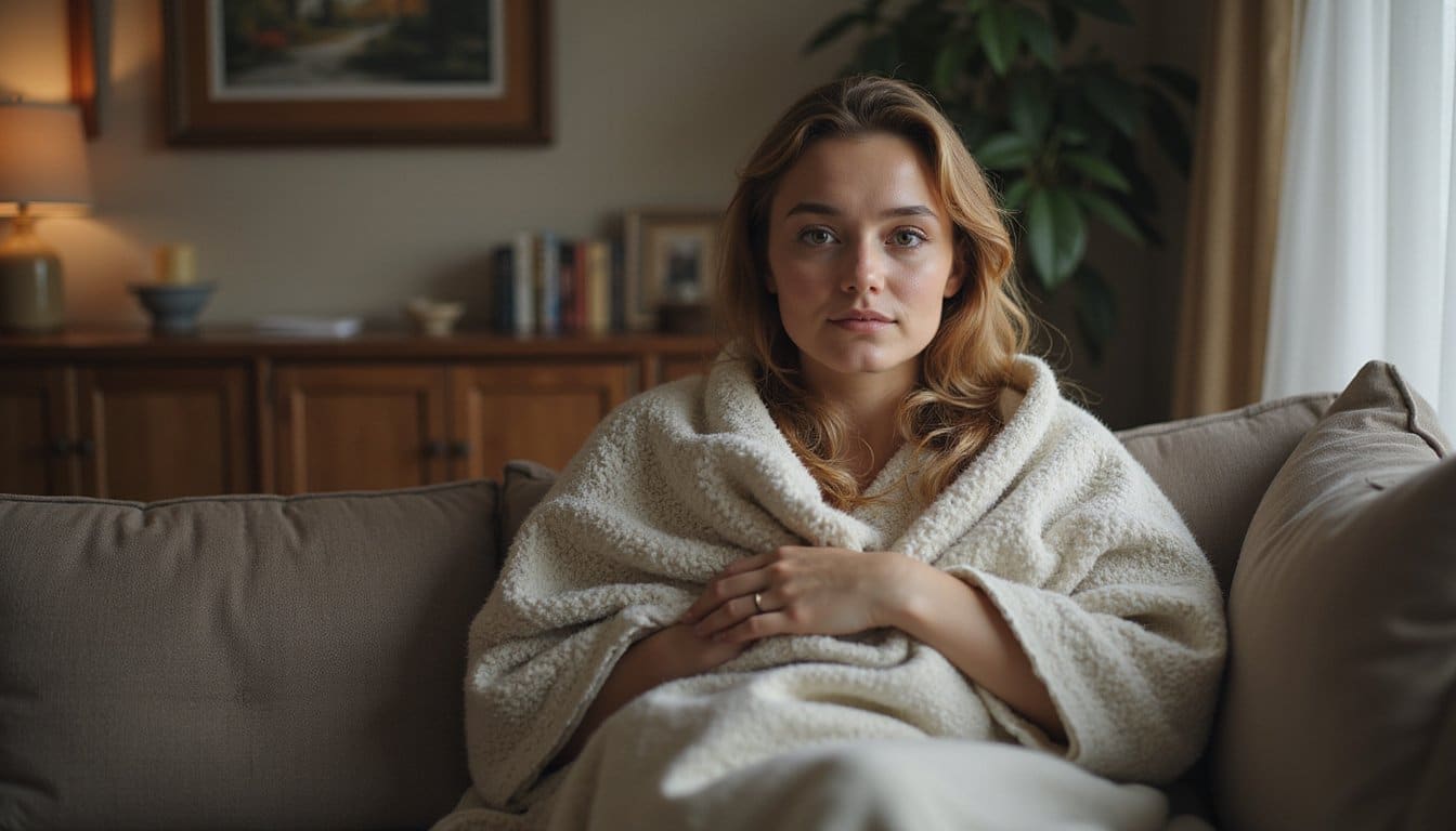 Person sitting comfortably on a couch with a blanket in a warm, peaceful space