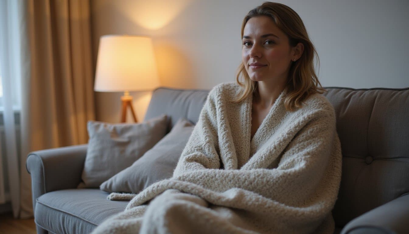 Person sitting quietly under a blanket in a cozy home environment with natural light